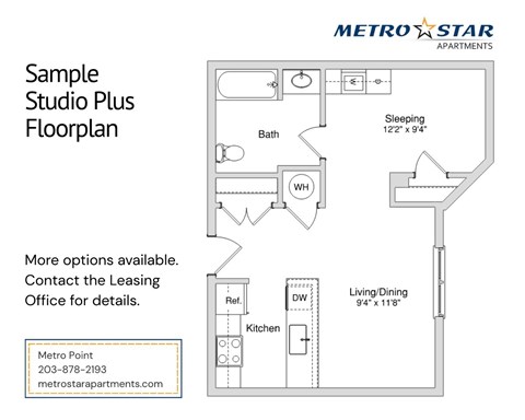 Floor plan for 1 bed, 1 bath, 641 sqft